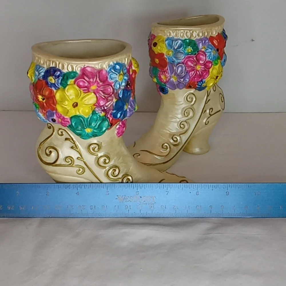 Vintage Pair Ceramic Colorful Floral Embellished Victorian Boot Shaped Vases